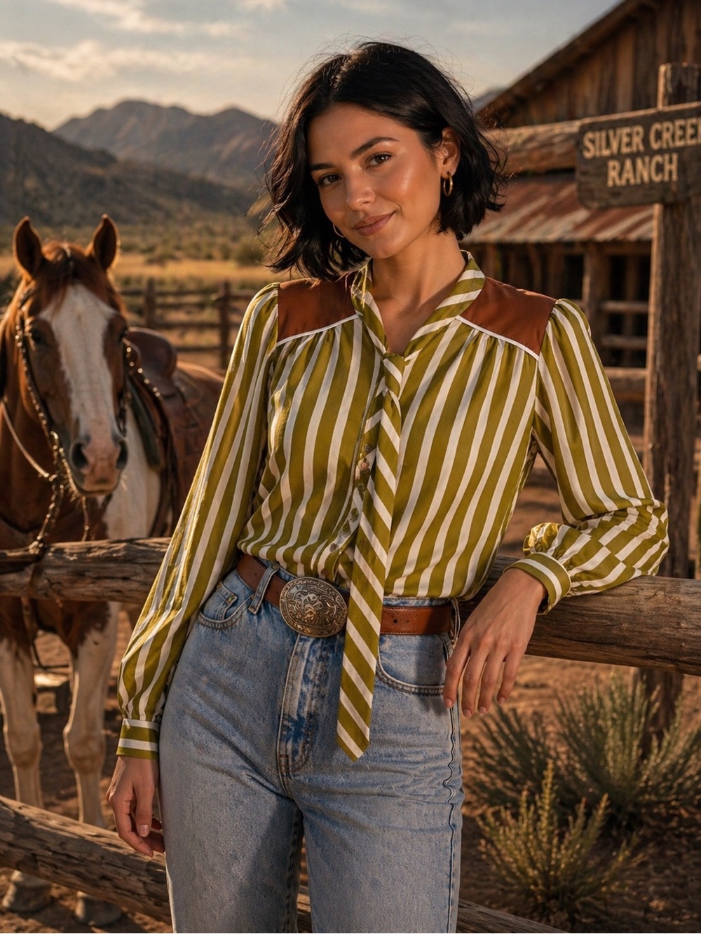 NWT Women's Olive and White Striped Tie-Neck Blouse with Brown Shoulder Yoke